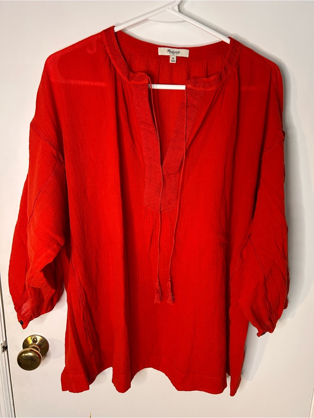 MADEWELL VIBRANT RED TIE NECK GAUZE COTTON PEASANT BLOUSE SIZE MEDIUM
